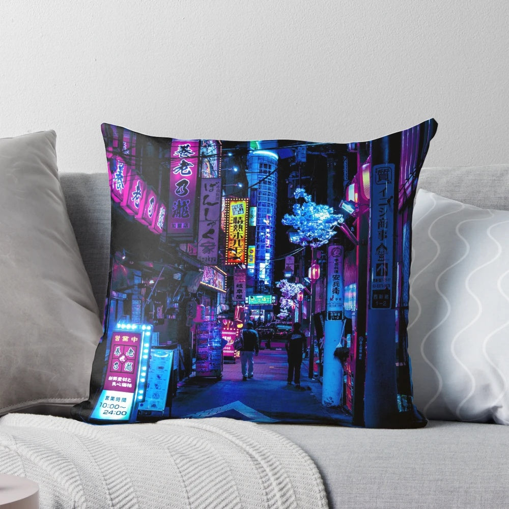 Colorful digital illustration of a futuristic alley in Tokyo, Japan with neon lights and a vibrant blue tones.