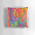 Colorful abstract art pillow with doodles, flowers, and hearts in a bohemian style