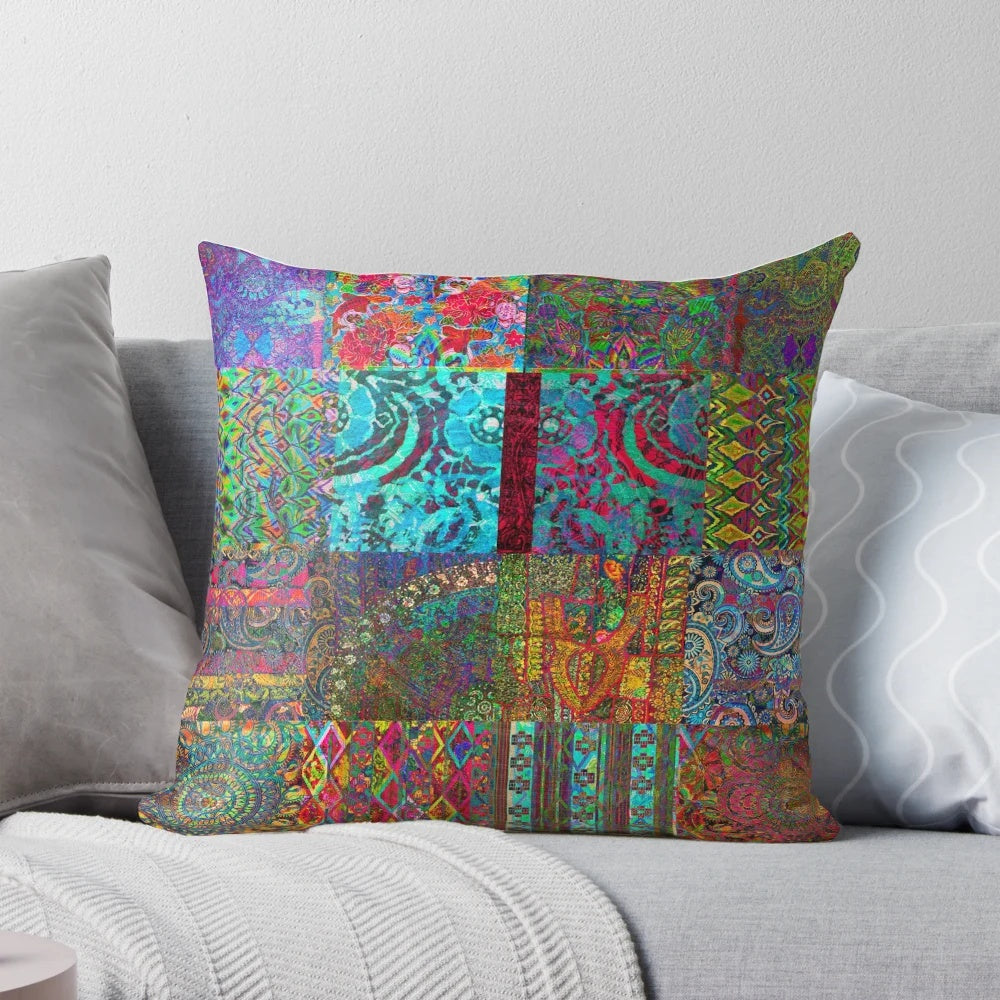 Colorful bohemian-style pillow with a vibrant, psychedelic pattern