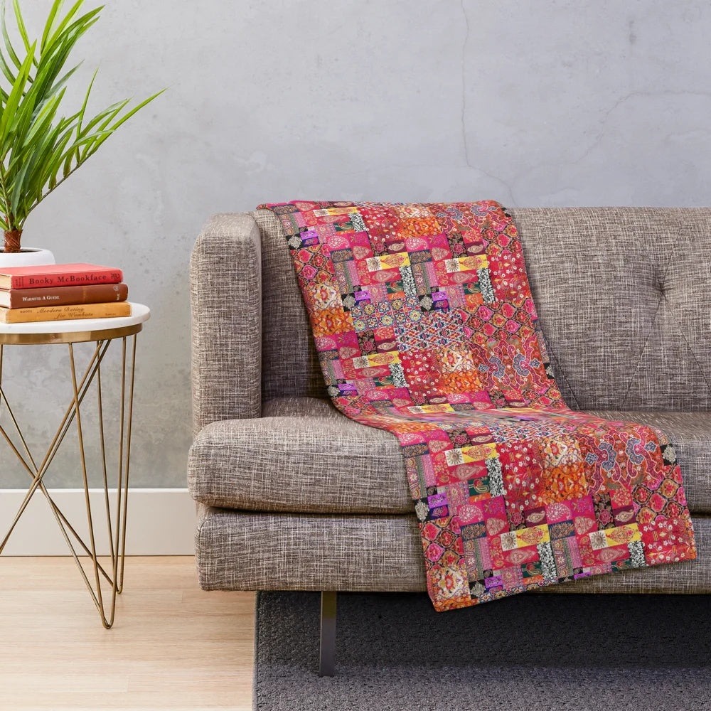Bohemian mosaic plush blanket with vibrant ethnic patterns