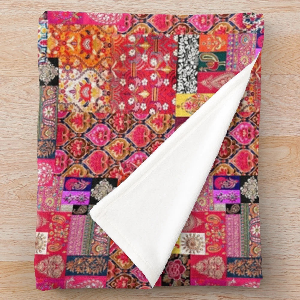 Bohemian mosaic plush blanket with vibrant ethnic patterns