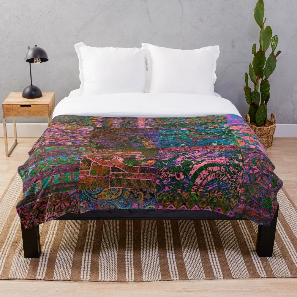 Vibrant, colorful bohemian plush blanket with a playful, hippie-inspired pattern