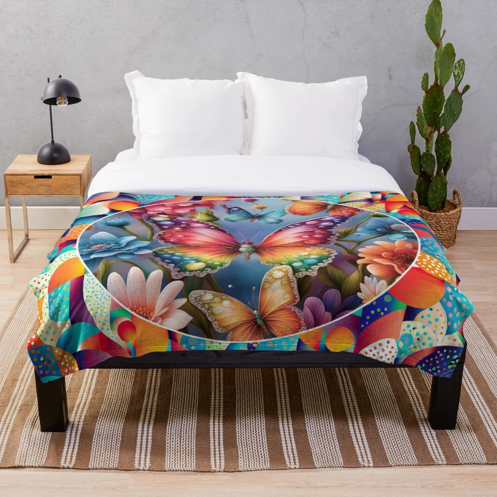 Colorful boho-style plush blanket with butterflies and floral patterns