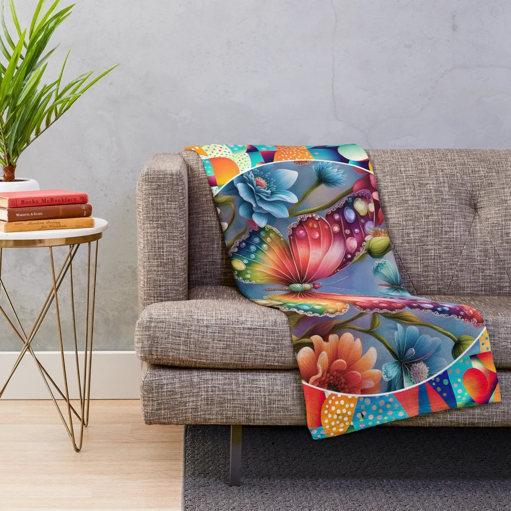 Colorful boho-style plush blanket with butterflies and floral patterns