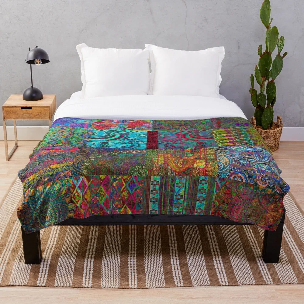 Vibrant bohemian plush blanket with rainbow patterns and textures
