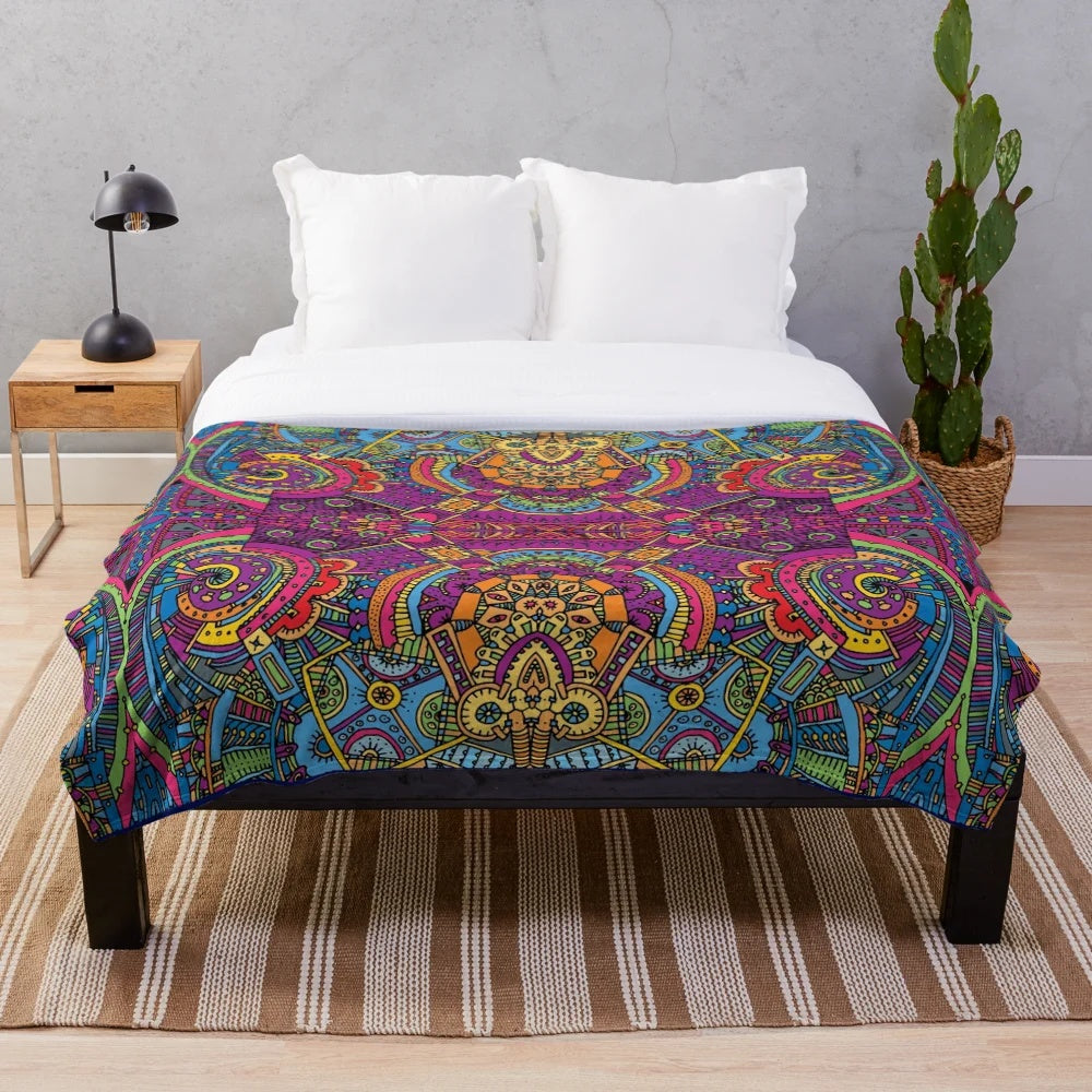 Colorful boho plush blanket with mandala pattern design