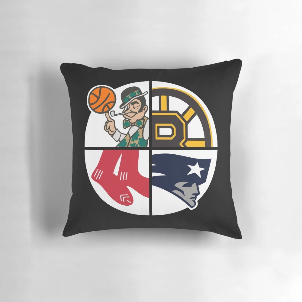 Boston sports fan pillow featuring team colors and logos