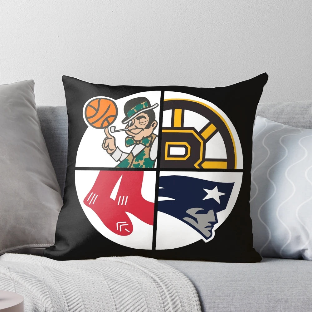 Boston sports fan pillow featuring team colors and logos