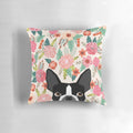 Colorful floral pattern featuring a portrait of an adorable Boston Terrier dog