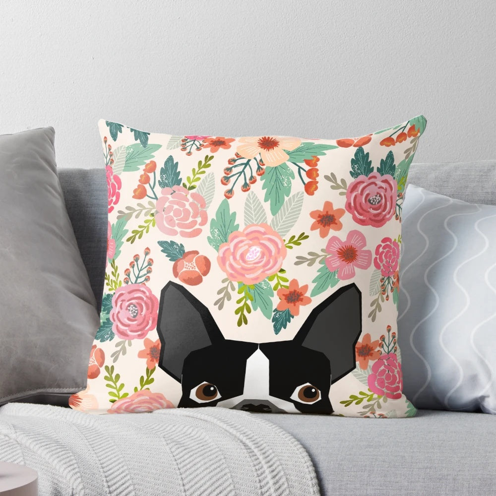 Colorful floral pattern featuring a portrait of an adorable Boston Terrier dog