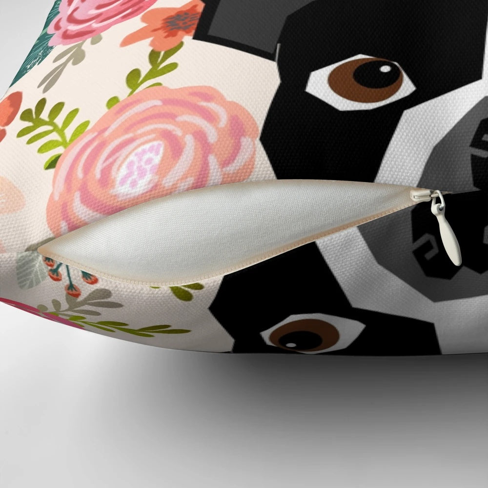 Colorful floral pattern featuring a portrait of an adorable Boston Terrier dog