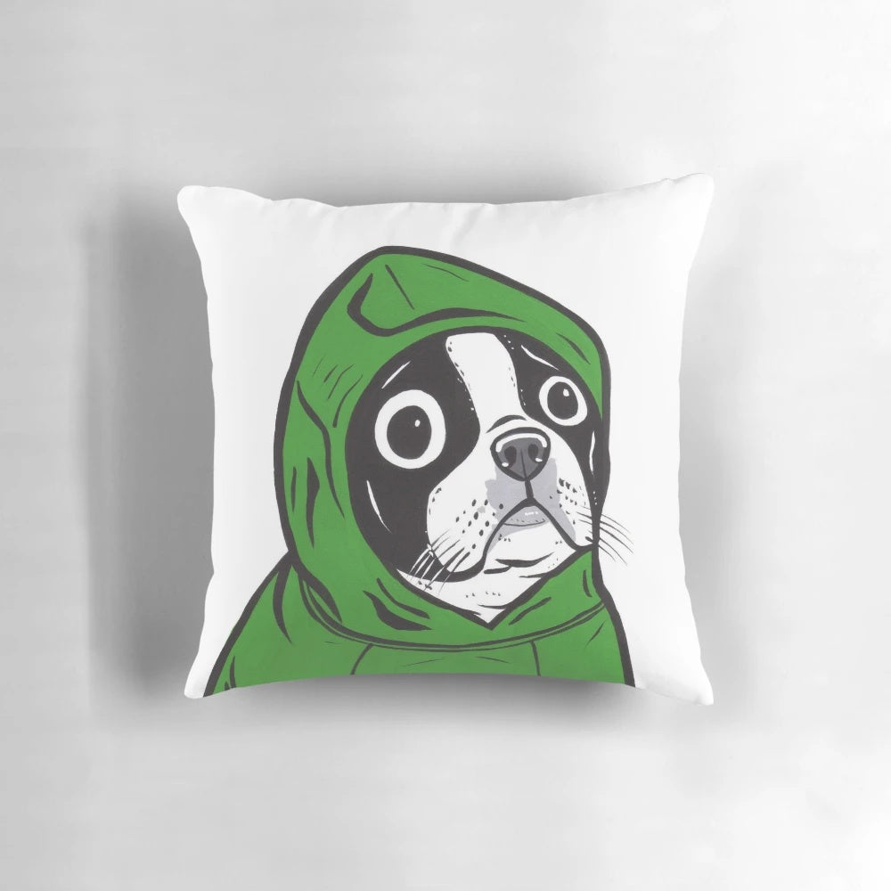 A colorful, pop art-inspired Boston Terrier wearing a green hoodie on a pillow.
