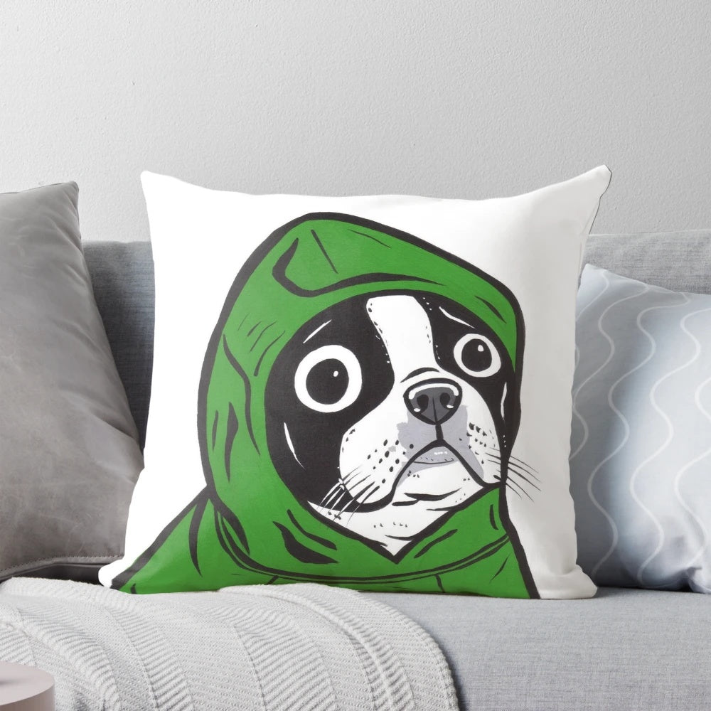 A colorful, pop art-inspired Boston Terrier wearing a green hoodie on a pillow.