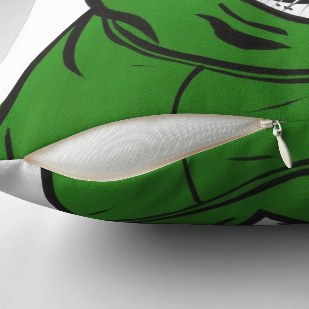 A colorful, pop art-inspired Boston Terrier wearing a green hoodie on a pillow.