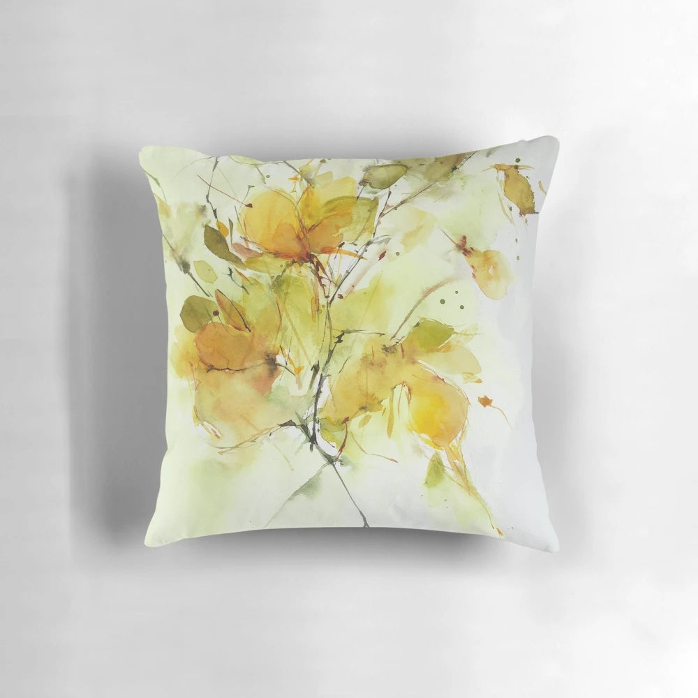 Vibrant yellow floral watercolor throw pillow with botanical design for home decor