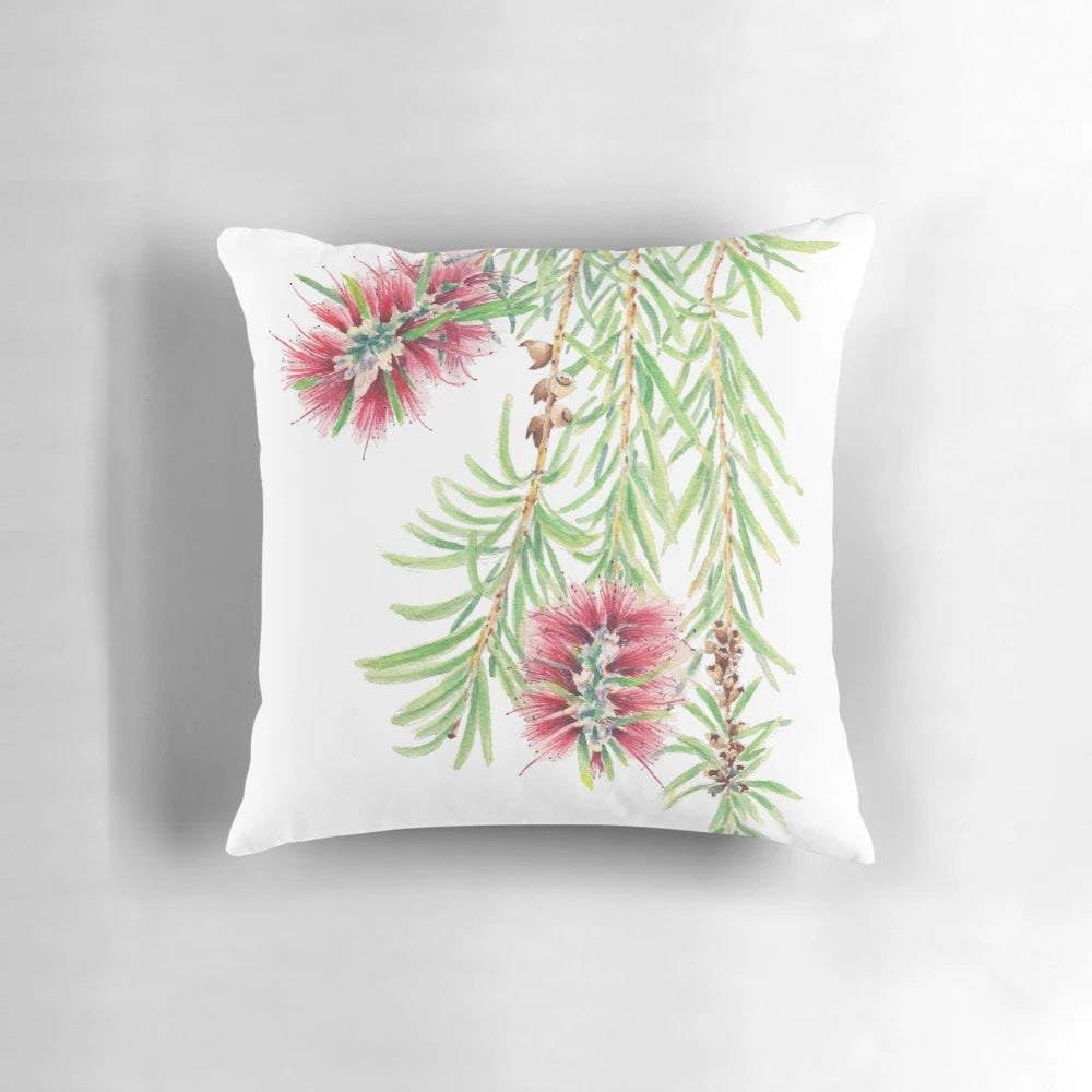 Colorful watercolor painting of a bottlebrush branch with red flowers against a green background.