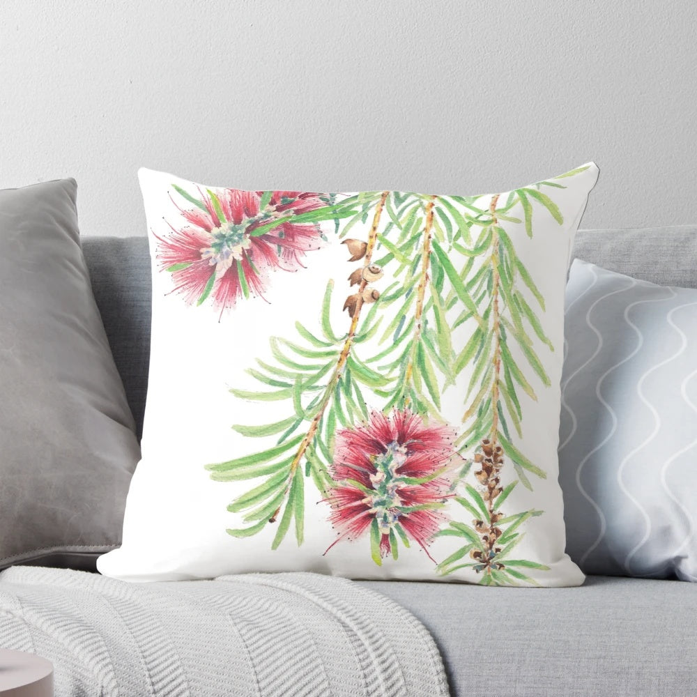 Colorful watercolor painting of a bottlebrush branch with red flowers against a green background.