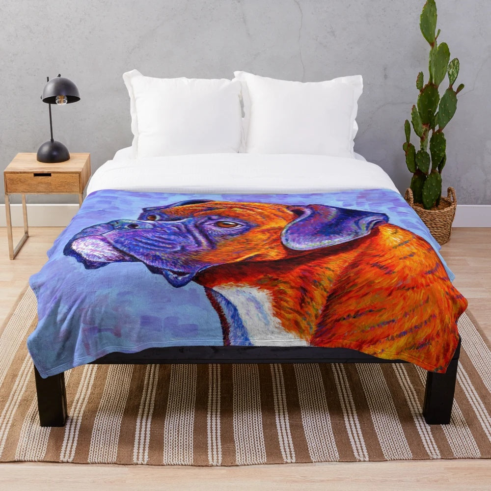 Vibrant brindle boxer dog plush blanket with colorful, contemporary pet portrait design