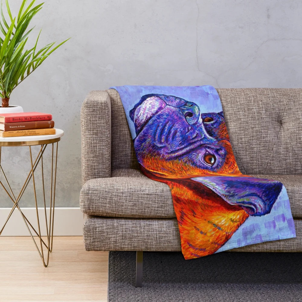 Vibrant brindle boxer dog plush blanket with colorful, contemporary pet portrait design