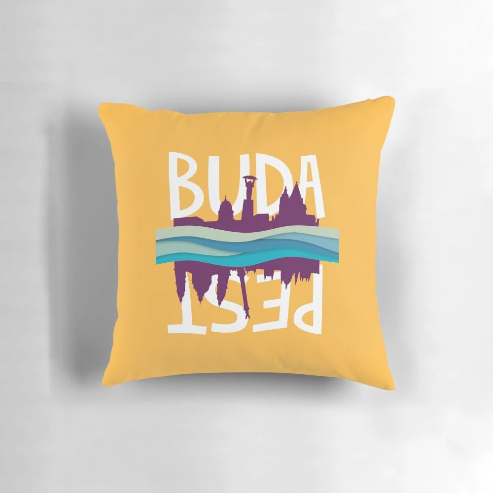 Colorful Budapest-inspired throw pillow with modern typography design