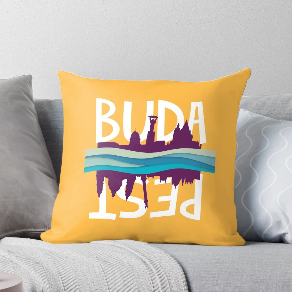 Colorful Budapest-inspired throw pillow with modern typography design