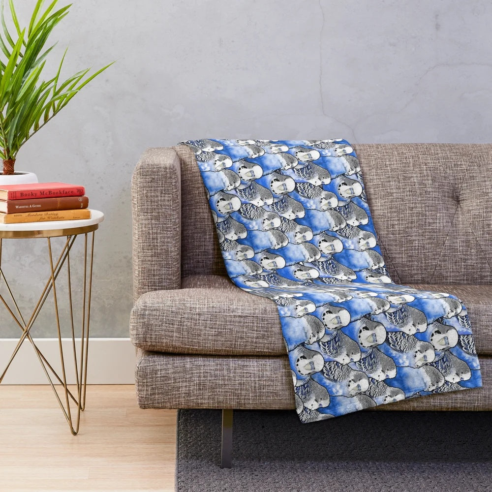 Colorful plush blanket featuring a vibrant budgie blue pattern