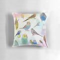 Colorful pillow featuring a flock of cute, playful budgies or parakeets
