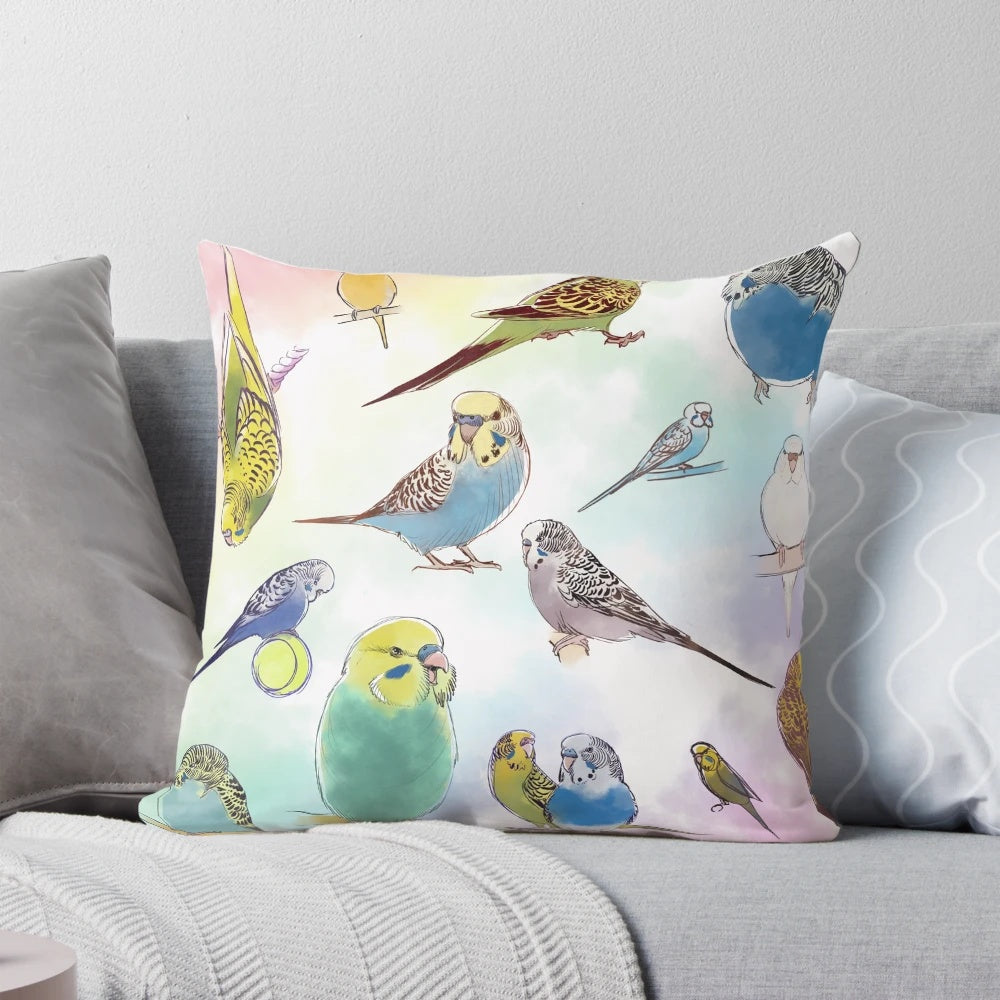 Colorful pillow featuring a flock of cute, playful budgies or parakeets