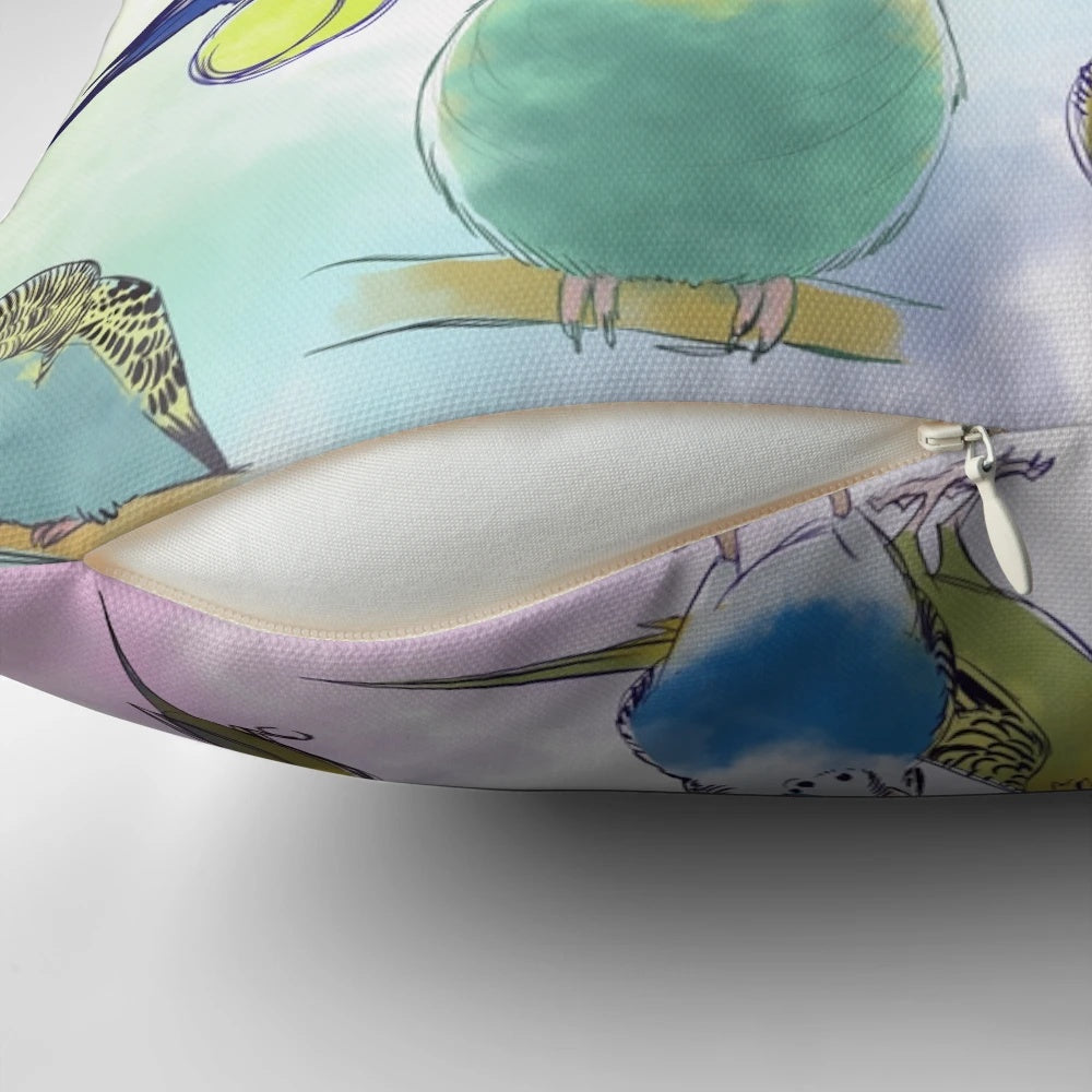Colorful pillow featuring a flock of cute, playful budgies or parakeets