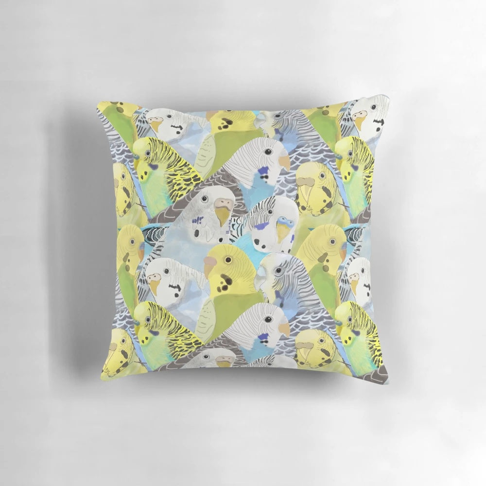 Colorful budgie parakeets pattern on a decorative throw pillow