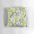 Colorful budgie parakeets pattern on a decorative throw pillow