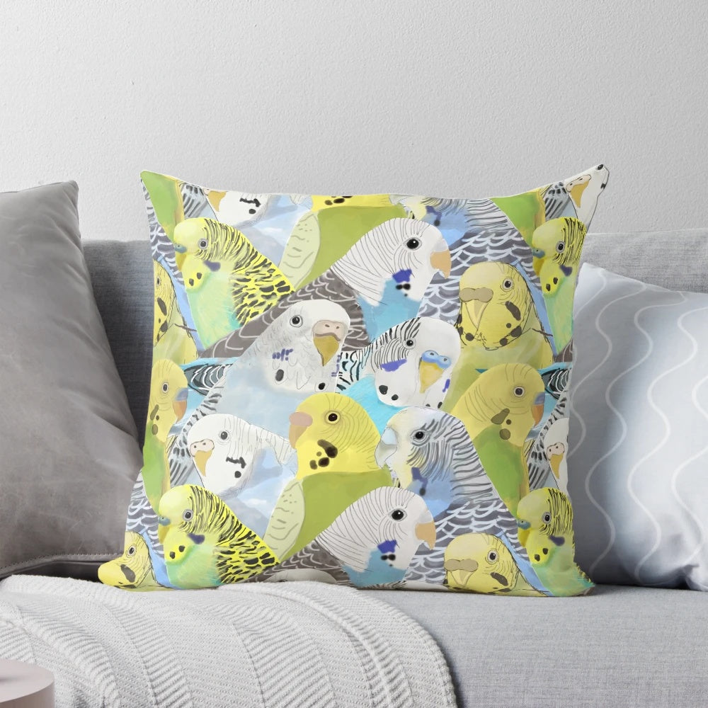Colorful budgie parakeets pattern on a decorative throw pillow