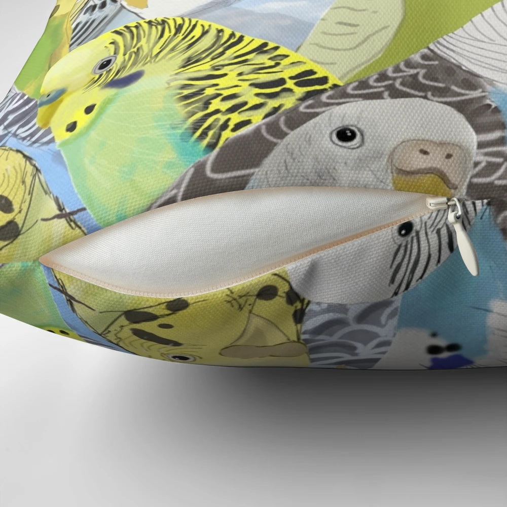 Colorful budgie parakeets pattern on a decorative throw pillow