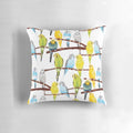 Soft, decorative pillow featuring a vibrant watercolor pattern of budgies in shades of yellow, blue, green, and grey.