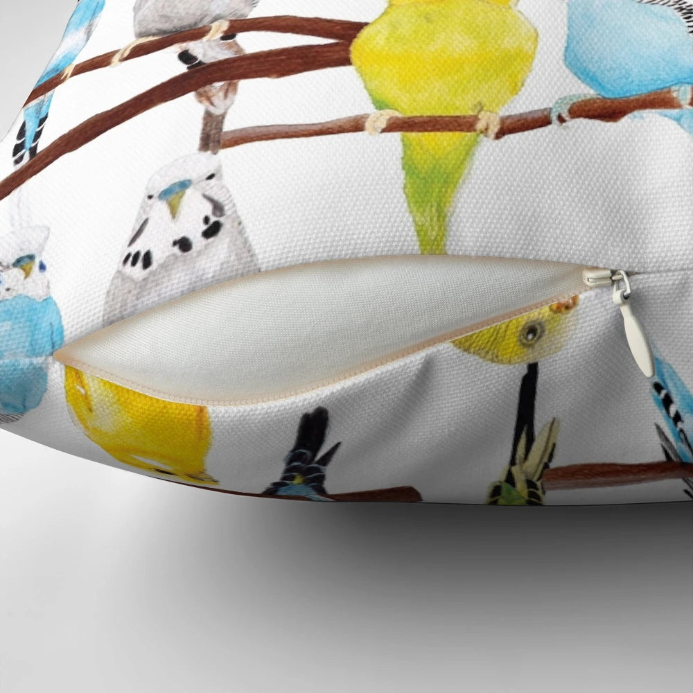 Soft, decorative pillow featuring a vibrant watercolor pattern of budgies in shades of yellow, blue, green, and grey.