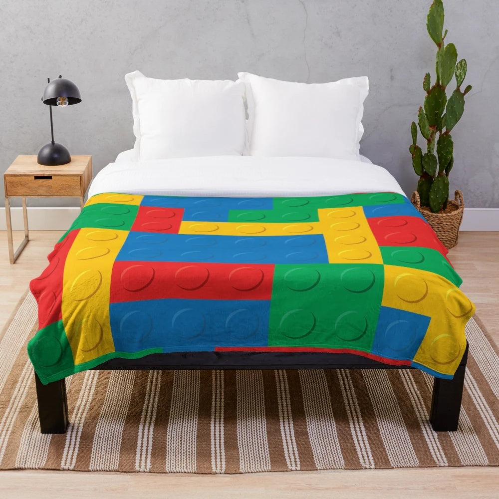 Colorful building blocks plush blanket with Lego-inspired design