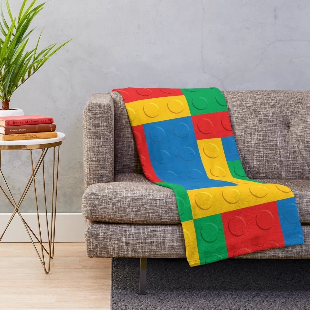 Colorful building blocks plush blanket with Lego-inspired design