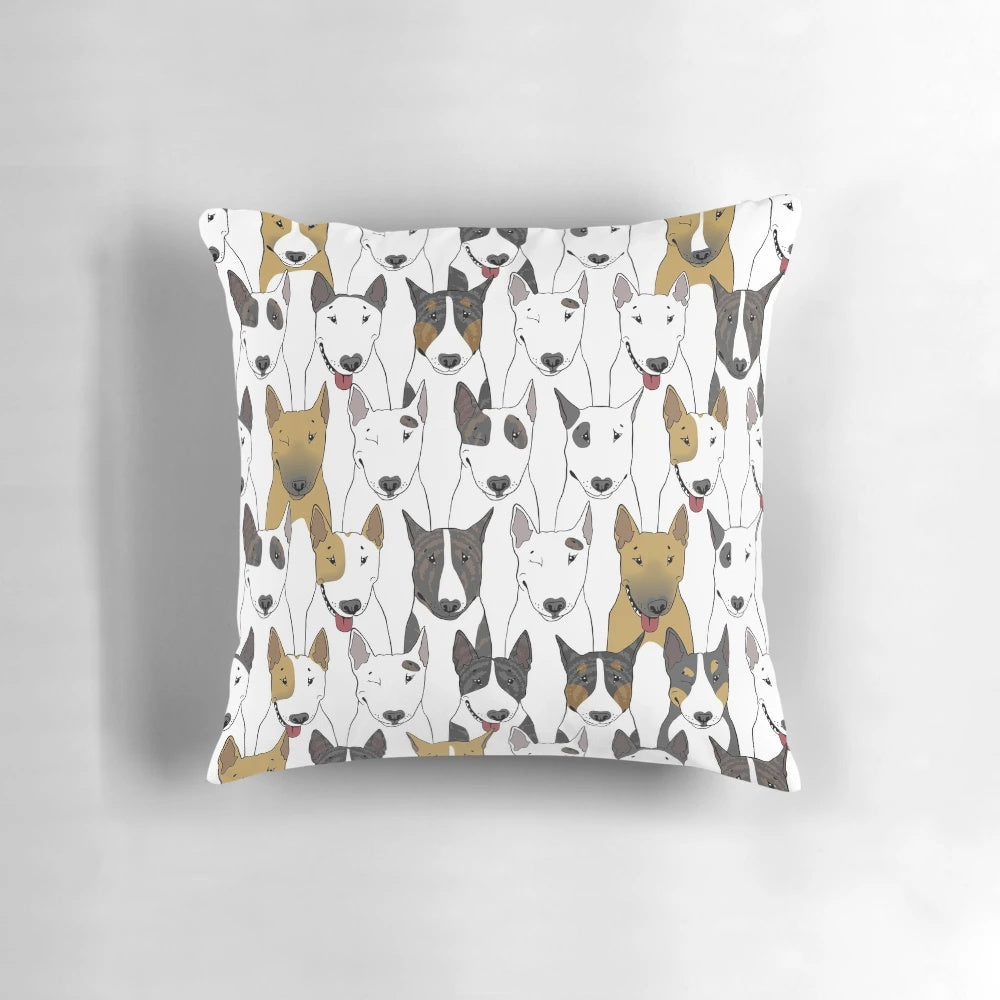 Colorful bull terrier pattern design on a soft, square pillow