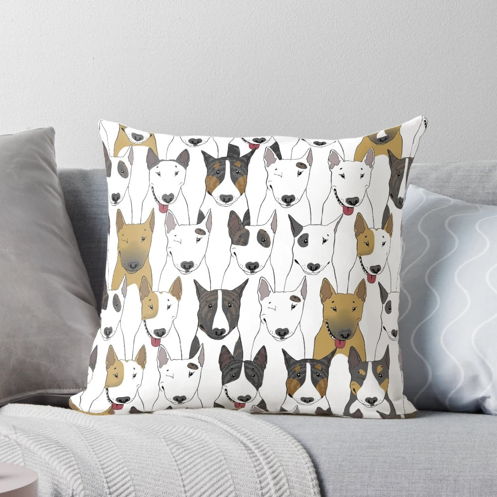 Colorful bull terrier pattern design on a soft, square pillow