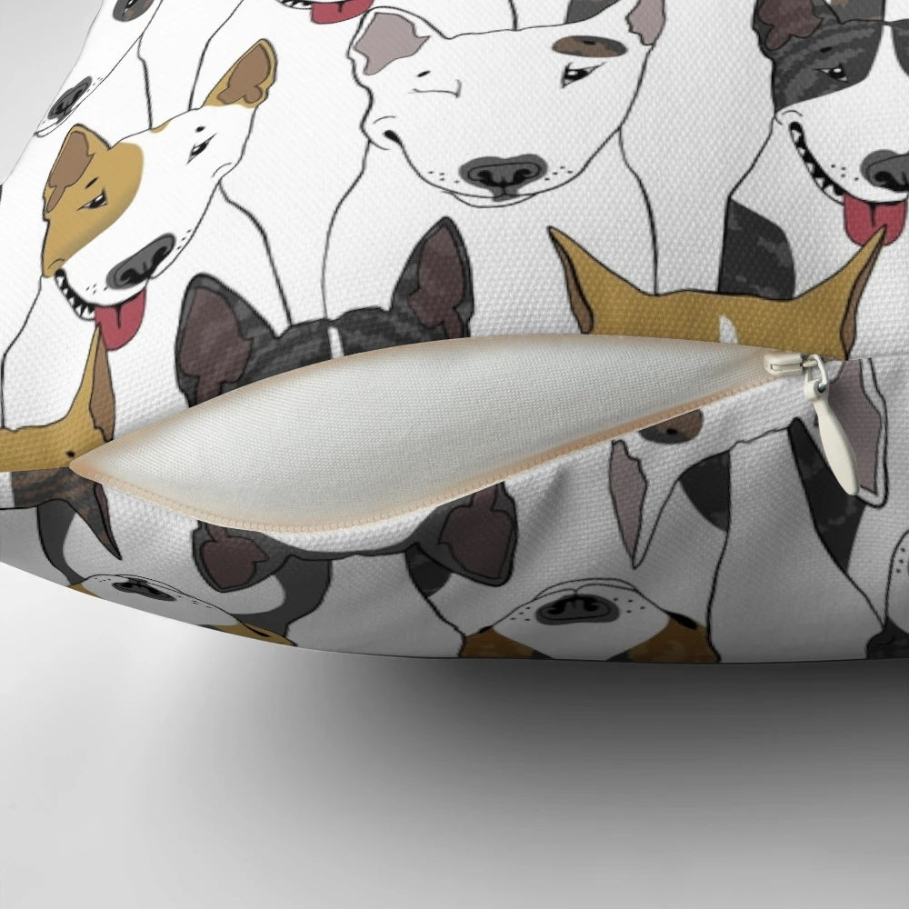 Colorful bull terrier pattern design on a soft, square pillow