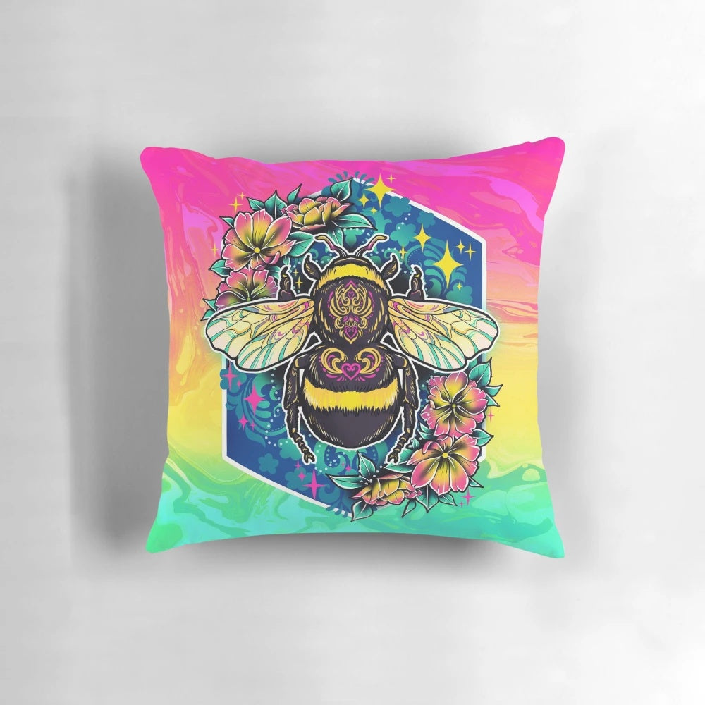 Colorful digital vector art illustration of a cute, neon bumblebee on a pillow