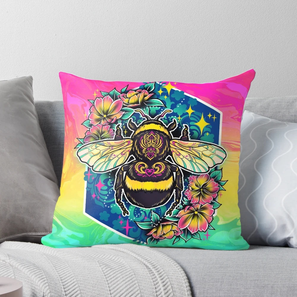 Colorful digital vector art illustration of a cute, neon bumblebee on a pillow