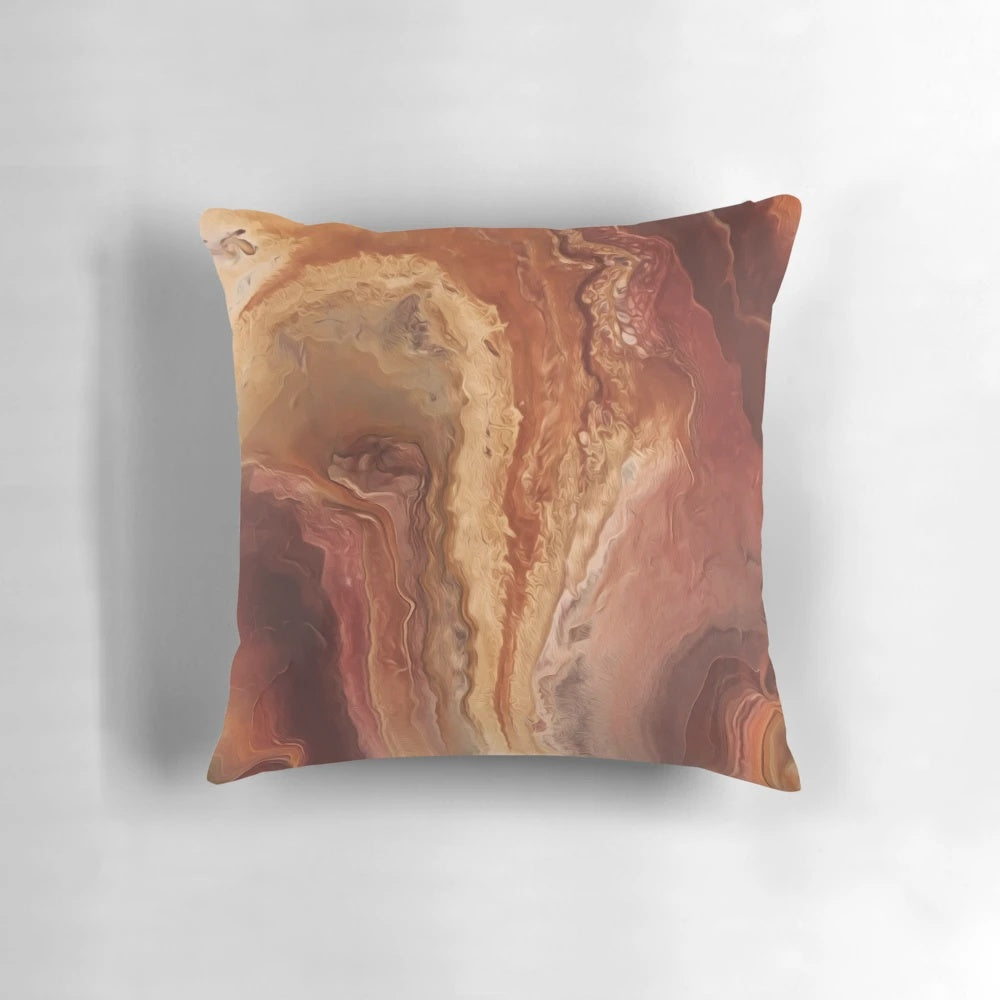 Beautifully crafted burnt sienna decorative pillow with swirling abstract art design