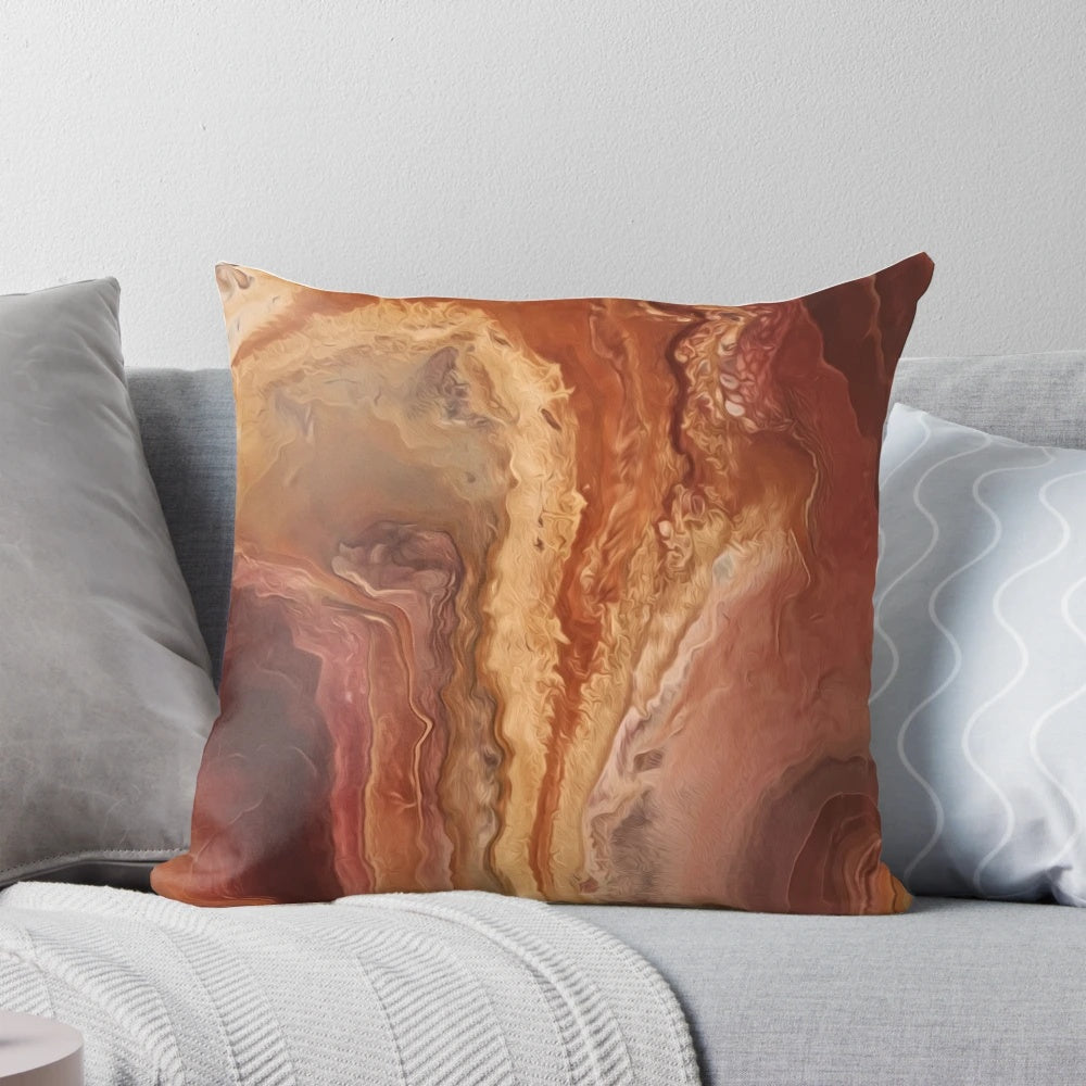 Beautifully crafted burnt sienna decorative pillow with swirling abstract art design