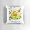 Vibrant yellow and green buttercup flower throw pillow with leaf pattern for spring and summer home decor