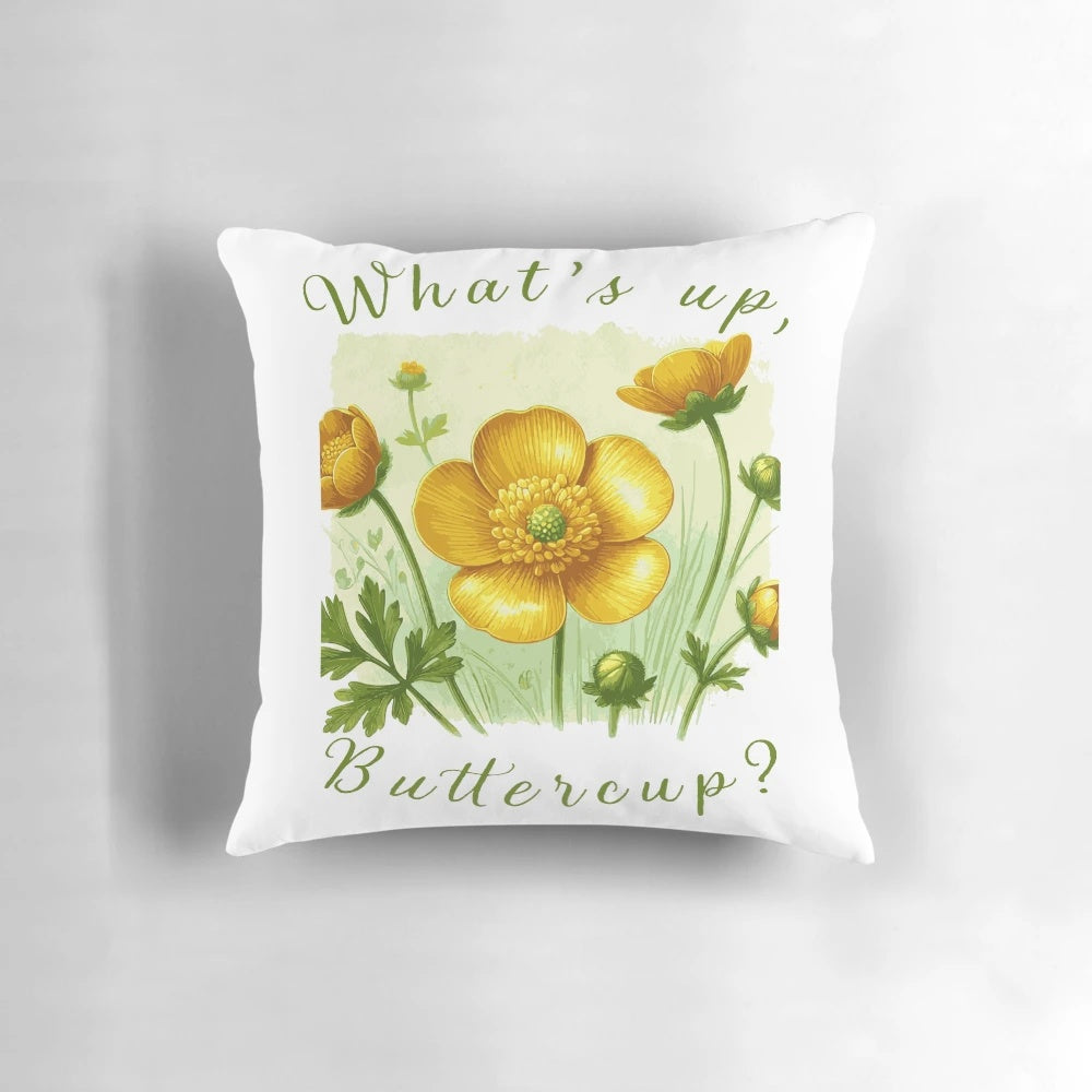 Vibrant yellow and green buttercup flower throw pillow with leaf pattern for spring and summer home decor