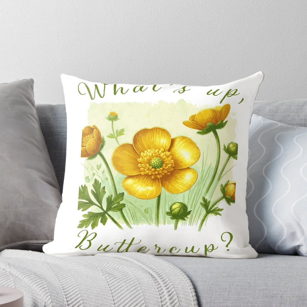 Vibrant yellow and green buttercup flower throw pillow with leaf pattern for spring and summer home decor