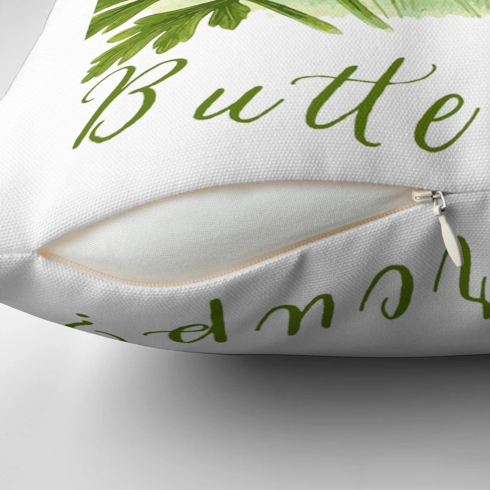 Vibrant yellow and green buttercup flower throw pillow with leaf pattern for spring and summer home decor