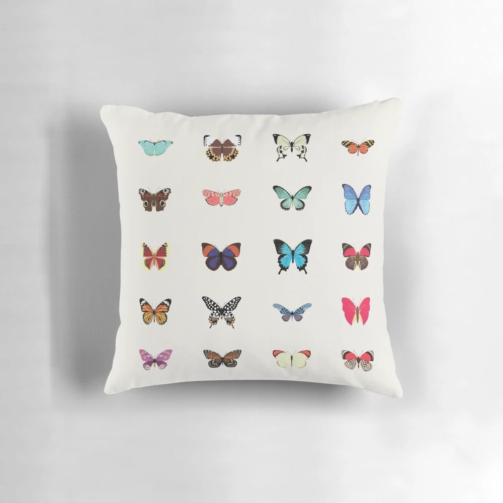 Colorful butterfly pattern throw pillow, featuring a vibrant design of butterflies in various natural shades.