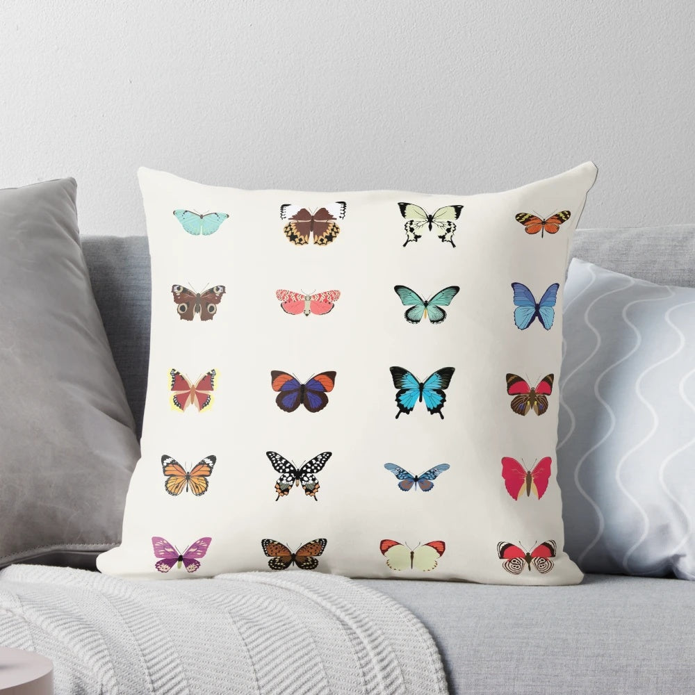Colorful butterfly pattern throw pillow, featuring a vibrant design of butterflies in various natural shades.